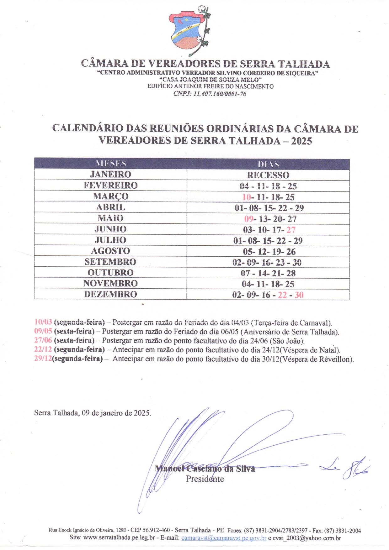 Calendário de Reuniões Ordinárias 2025